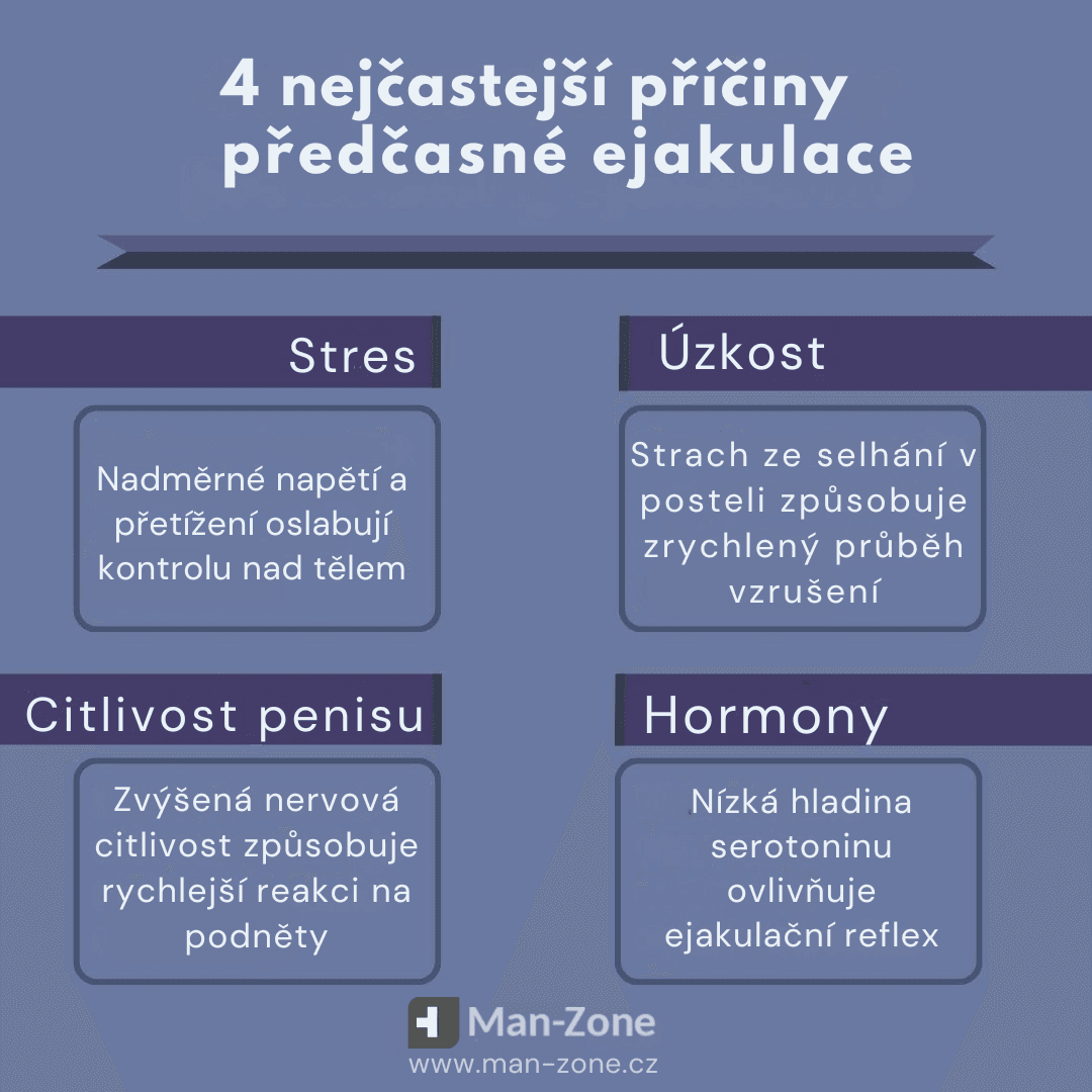 Jak oddálit ejakulaci: Nejlepší tipy pro delší sexuální zážitek infografika-priciny-predcasne-ejakulace-stres-uzkost-citlivost-penisu-hormonalni-nerovnovaha-nedostatek-zkusenosti